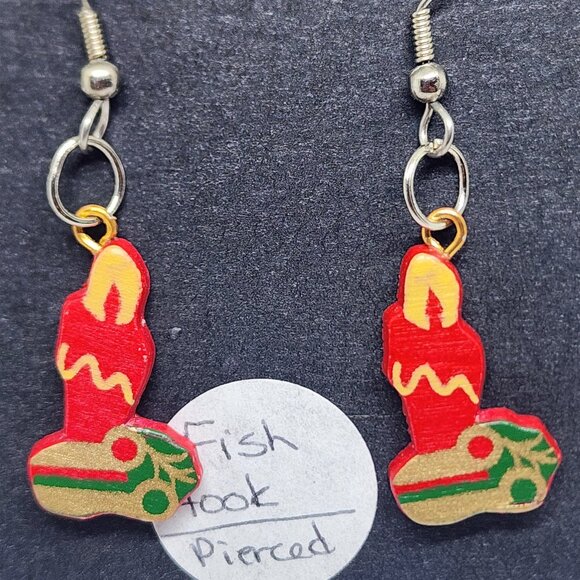 Holiday Christmas Red Gold Green Candles Wood  Handmade Dangle Pierced Earrings - Picture 1 of 3